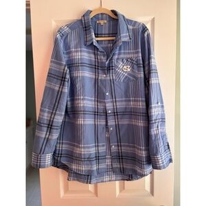 UG APPAREL NC Shirt Women’s Size L Blue White Plaid Button Down Roll Tab Sleeve